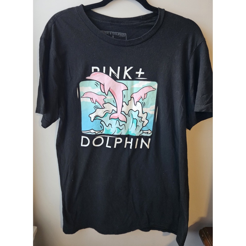 Pink + Dolphin Band T-Shirt Black Graphic Dolphins Merch Tee Large Tee